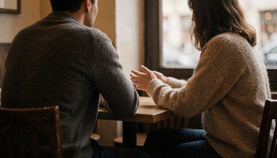 Two people in conversation at a cafe table