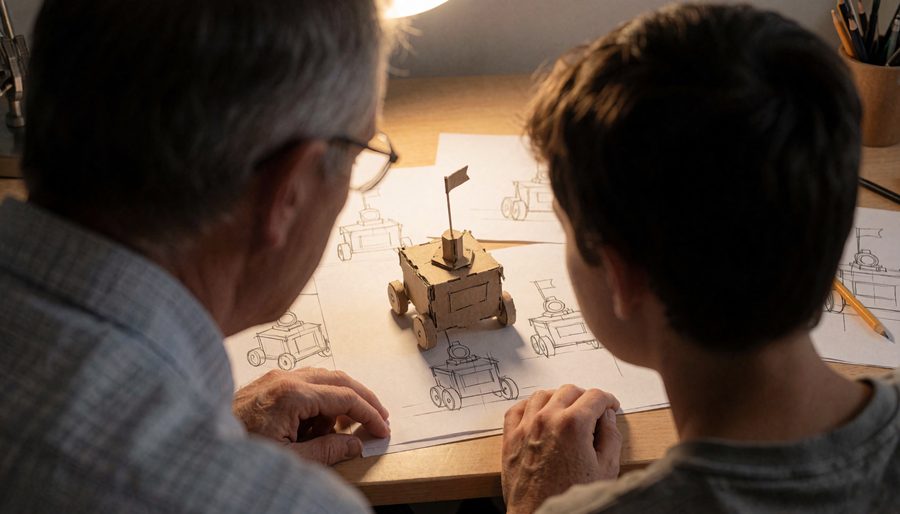 A mentor and young person looking at a handmade project