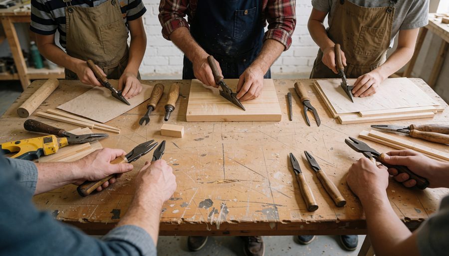 Hands working with tools at a workshop bench