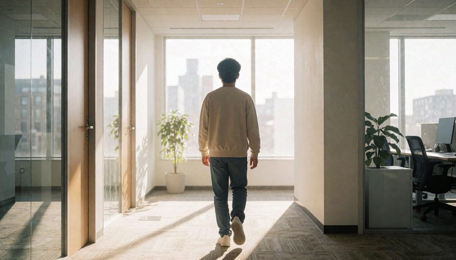 A young person walking toward a sunlit office window