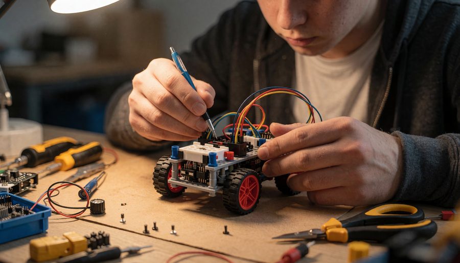 A young person building a robotics project